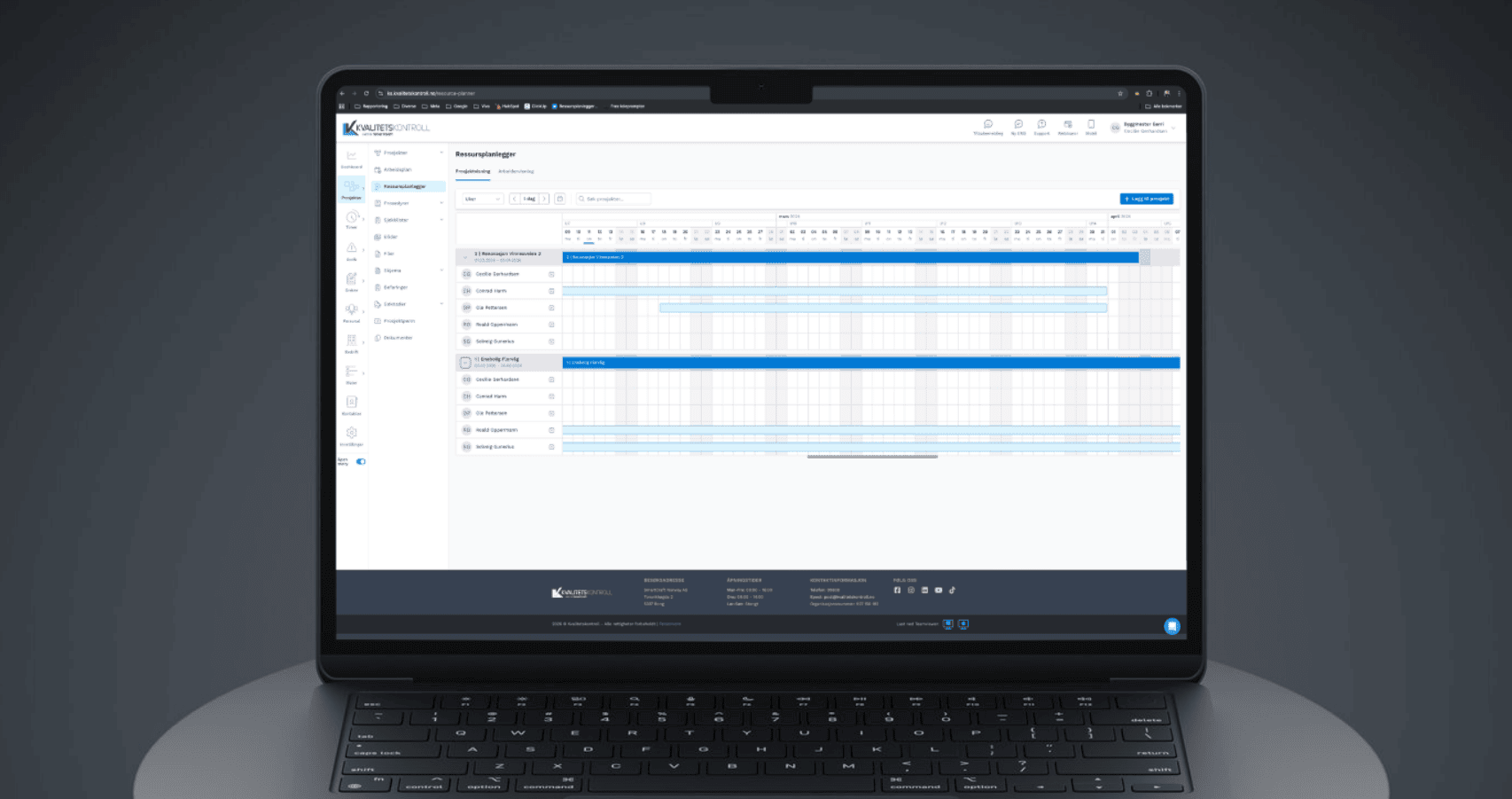 Ressursplanlegger vist på PC skjerm